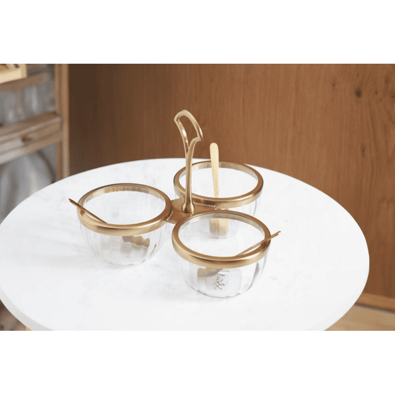 طقم مضايف زجاج BIRD BOWLS GLASS GOLD مع حاملة و3 ملاعق – 24×24×19 سم
