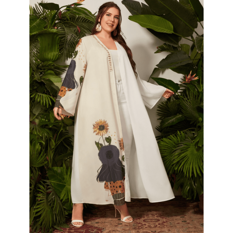 عباية مزخرفة دوار الشمس للنساء لون ابيض