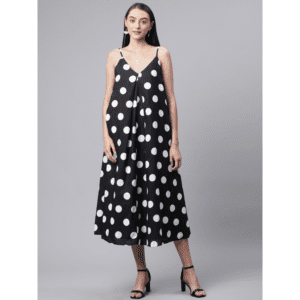 فستان بتصميم حفر للنساء لون اسود بدوائر بيضاء