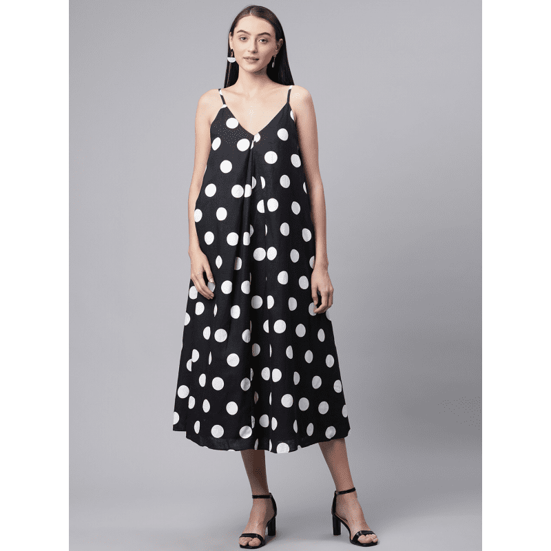 فستان بتصميم حفر للنساء لون اسود بدوائر بيضاء