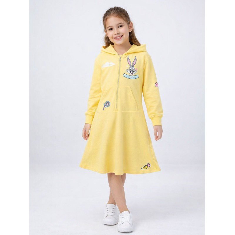 فستان برسمة ارنب مع طاقية بناتي لون اصفر