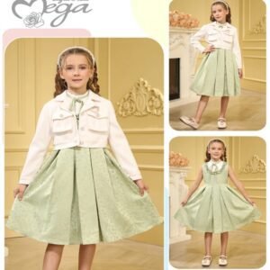 فستان بناتي قطعتين لون اخضر وبيج