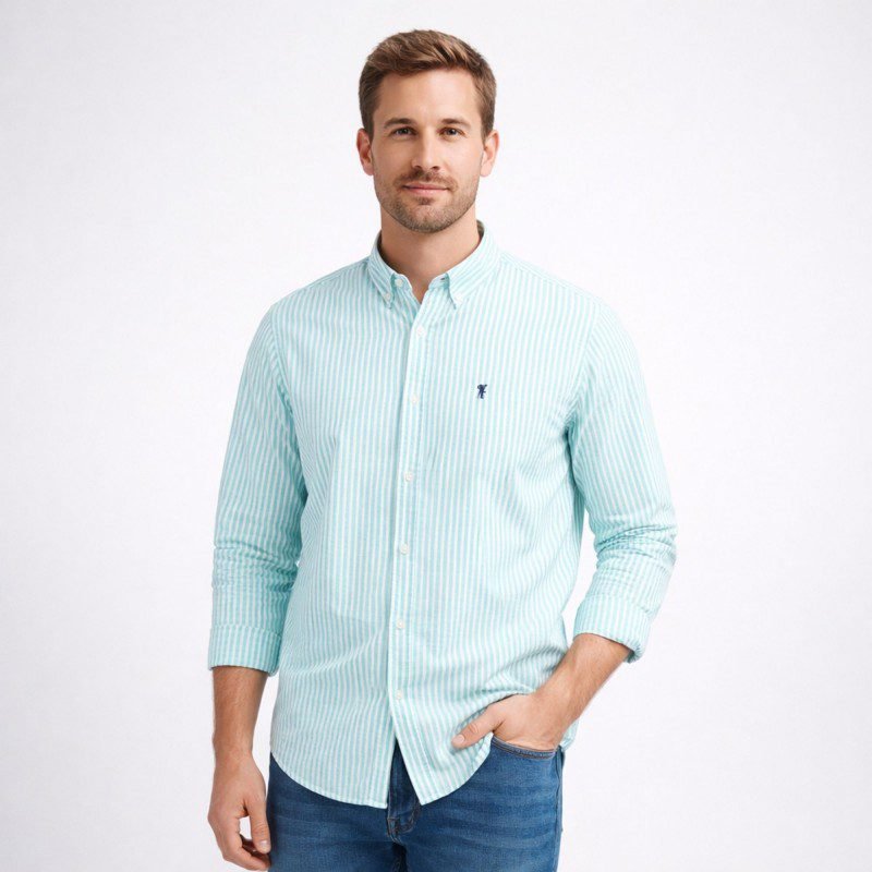 قميص رجالي قطني مخطط ابيض واخضر