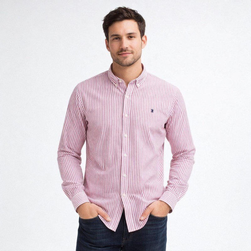 قميص رجالي قطني مخطط ابيض وخمري