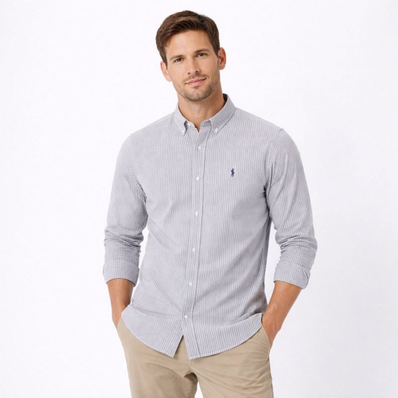 قميص رجالي قطني مخطط ابيض ورمادي