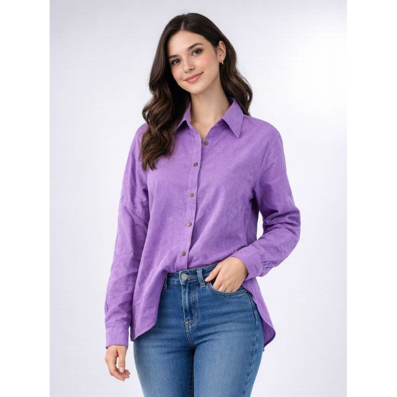 قميص مخمل بأكمام طويلة للنساء لون بنفسجي