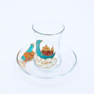 كاسه شاي تركي شفاف بتصميم رمضاني مع صحن ( رسم يدوي )