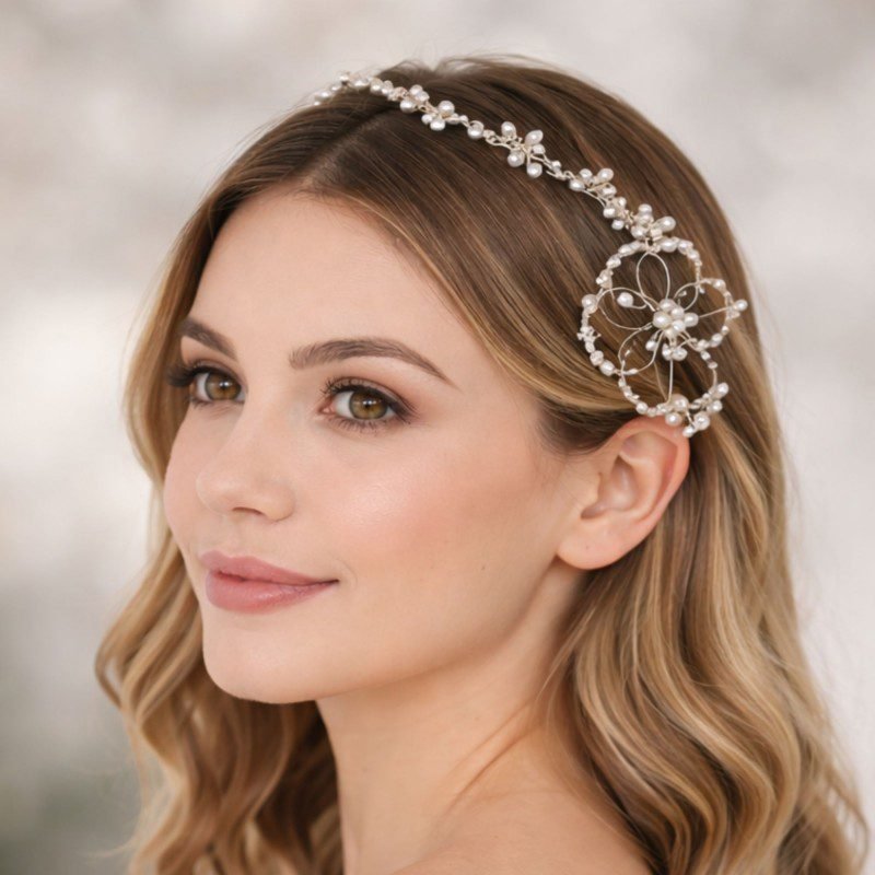 هيدبيس للشعر لون فضي مع خرز كرستال شفاف و لولو ع شكل ورده