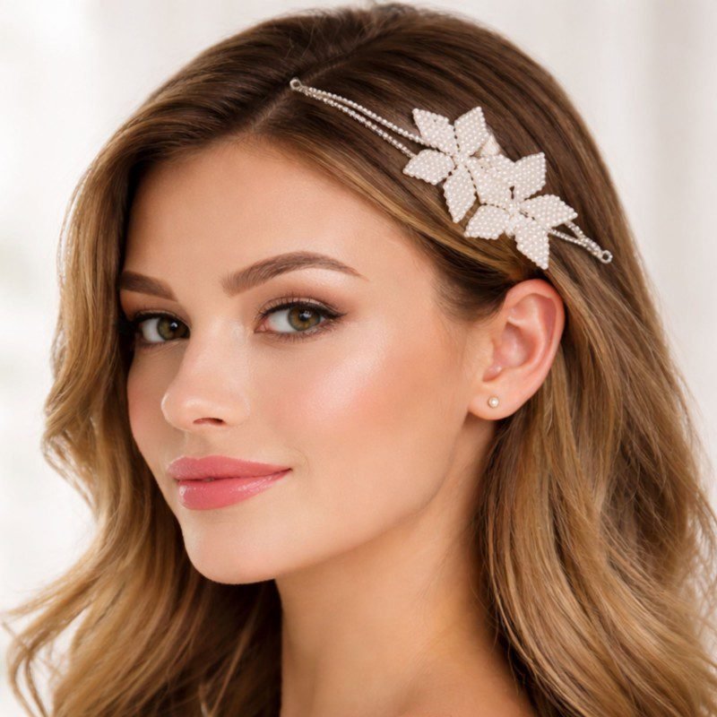 هيدبيس للشعر لون فضي مع خرز لولو حجم صغير وزاركون فضي بتصميم وردتين